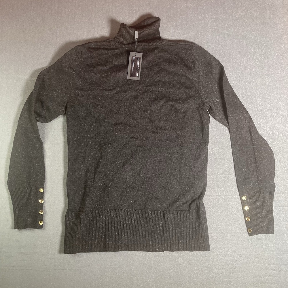 Cable & Gauge Women's Turtleneck Sweater Size M Gray Gold Button Cuff Knit NWT